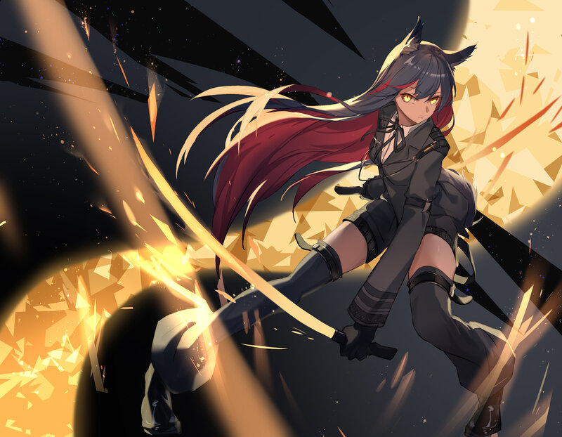 Anime Girl with Sword — Black, Dramatic, Night, Digital Art, Cat Ears, Sparks