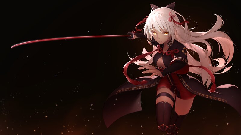 Anime Girl with Sword — Black, Dramatic, Night, Digital Art, Cat Ears