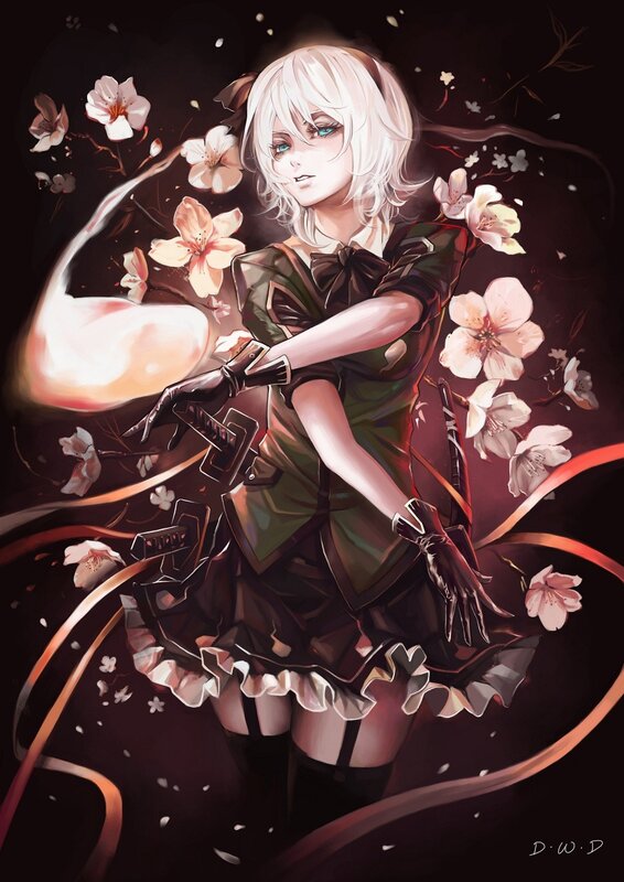 Anime Girl with Sword — Black, Dramatic, Night, Digital Art, Cherry Blossoms
