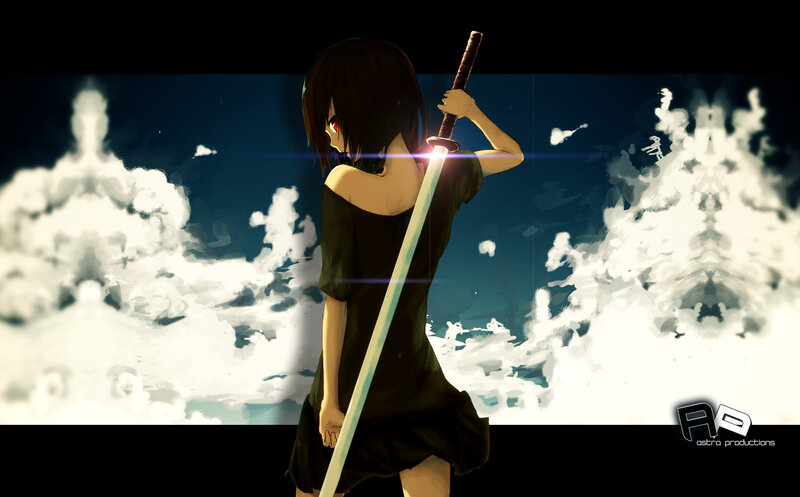 Anime Girl with Sword — Black, Dramatic, Night, Digital Art, Clouds