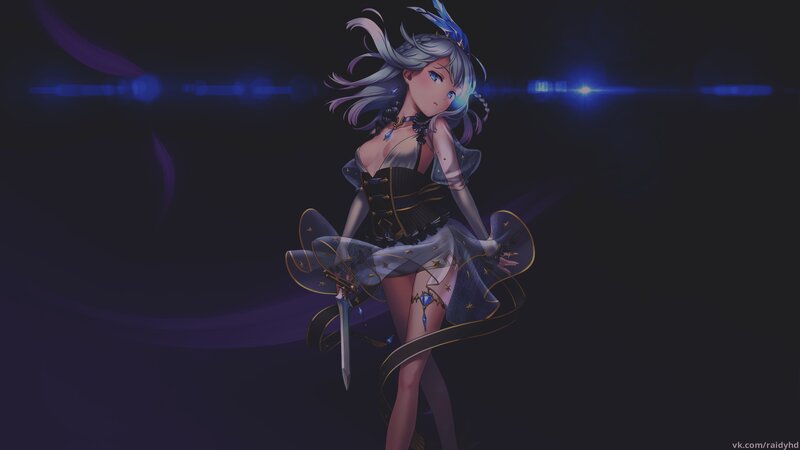 Anime Girl with Sword — Black, Dramatic, Night, Digital Art, Dress, Hair