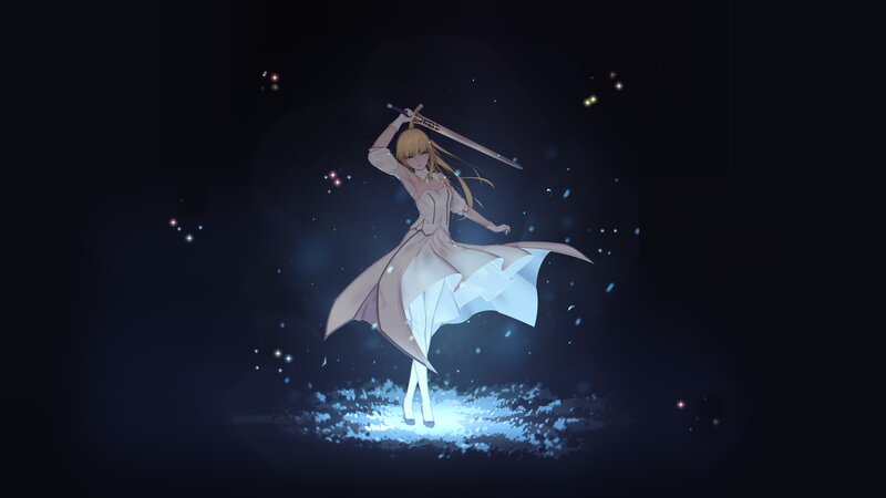 Anime Girl with Sword — Black, Dramatic, Night, Digital Art, Dress