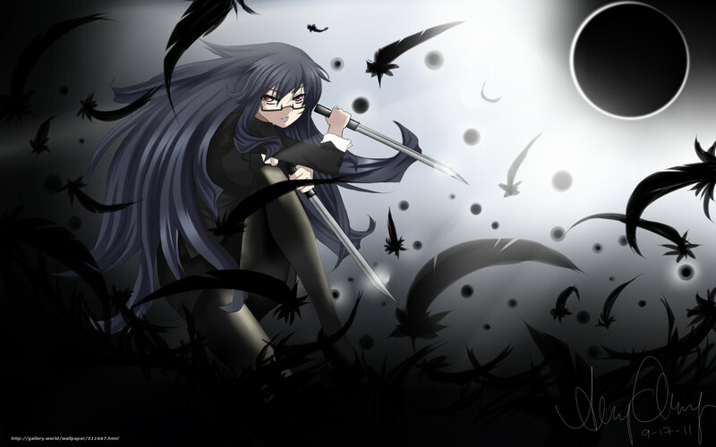 Anime Girl with Sword — Black, Dramatic, Night, Digital Art, Feathers