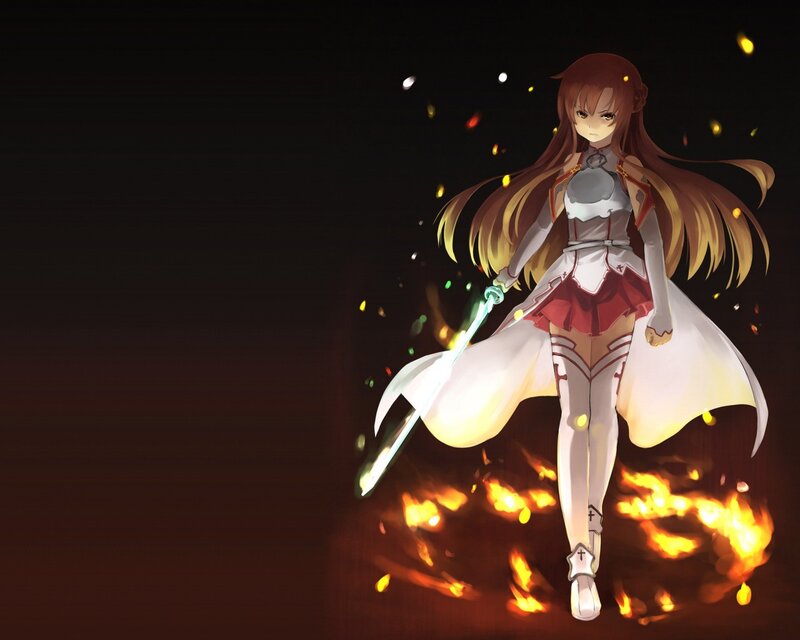 Anime Girl with Sword — Black, Dramatic, Night, Digital Art, Fire