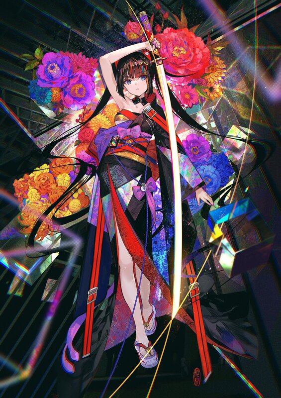 Anime Girl with Sword — Black, Dramatic, Night, Digital Art, Flowers, Kimono