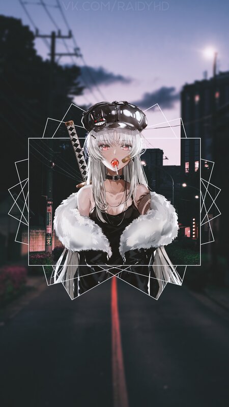 Anime Girl with Sword — Black, Dramatic, Night, Digital Art, Furry Coat