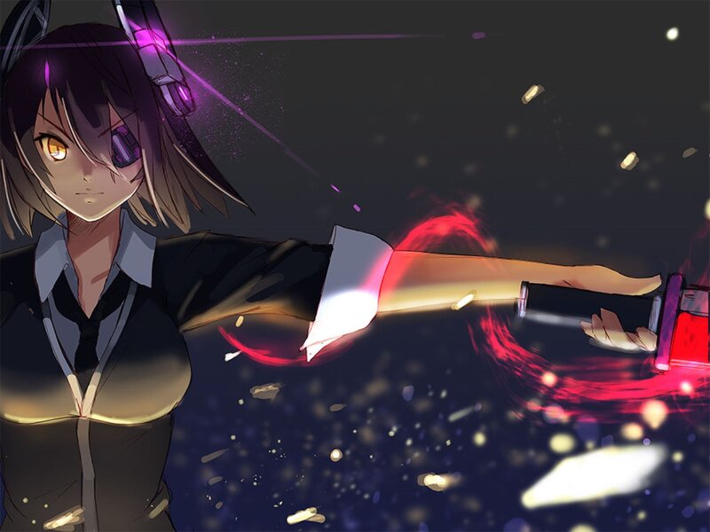 Anime Girl with Sword — Black, Dramatic, Night, Digital Art, Headset