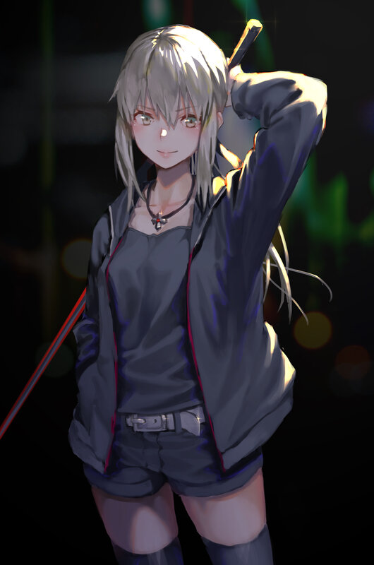 Anime Girl with Sword — Black, Dramatic, Night, Digital Art, Jacket