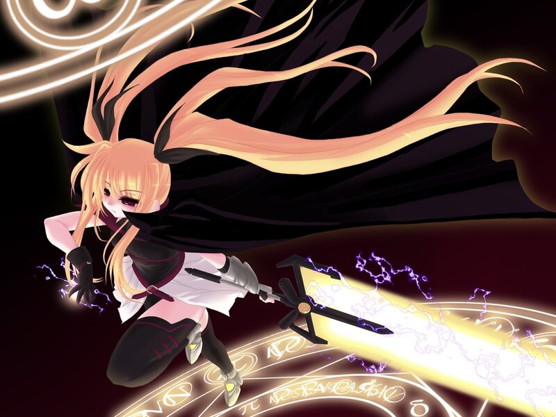 Anime Girl with Sword — Black, Dramatic, Night, Digital Art, Magic Circle