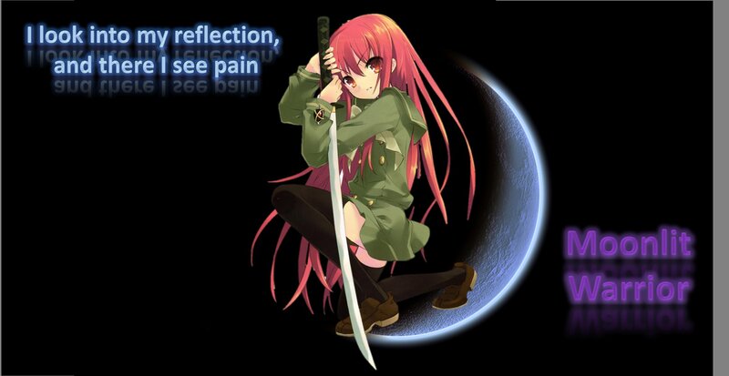 Anime Girl with Sword — Black, Dramatic, Night, Digital Art, Moon, Text