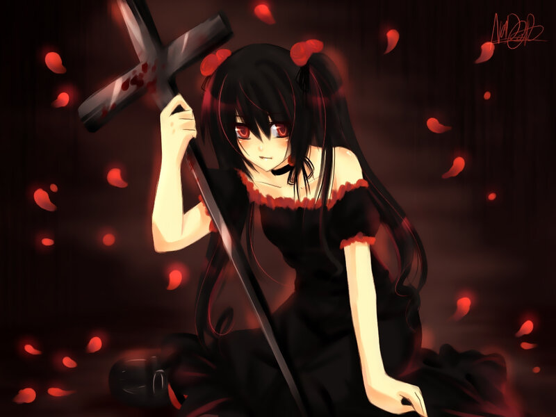 Anime Girl with Sword — Black, Dramatic, Night, Digital Art, Rose Petals