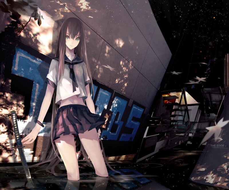 Anime Girl with Sword — Black, Dramatic, Night, Digital Art, Skirt, Building