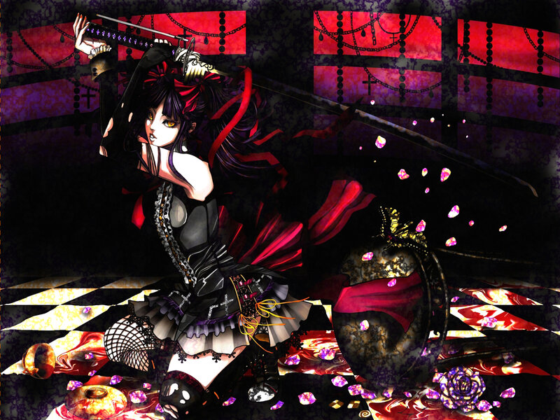 Anime Girl with Sword — Black, Dramatic, Night, Digital Art, Skull