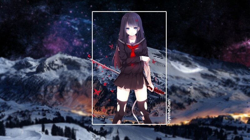 Anime Girl with Sword — Black, Dramatic, Night, Digital Art, Snowy Mountains