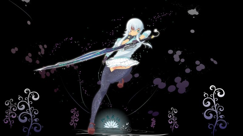Anime Girl with Sword — Black, Dramatic, Night, Digital Art, Splatters, Floral Patterns