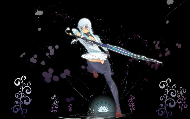 Anime Girl with Sword — Black, Dramatic, Night, Digital Art, Splatters