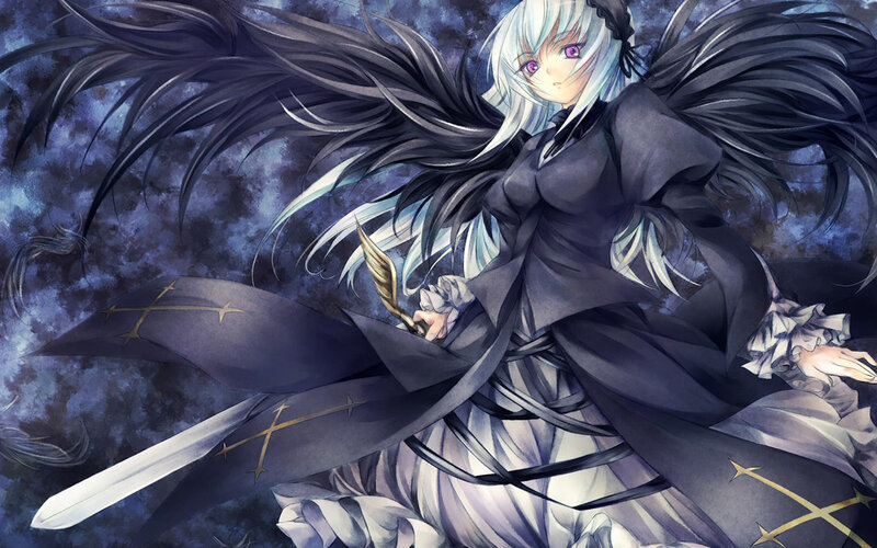 Anime Girl with Sword — Black, Dramatic, Night, Digital Art, Wings, Cloak