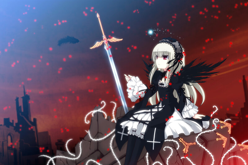Anime Girl with Sword — Black, Dramatic, Night, Feathers