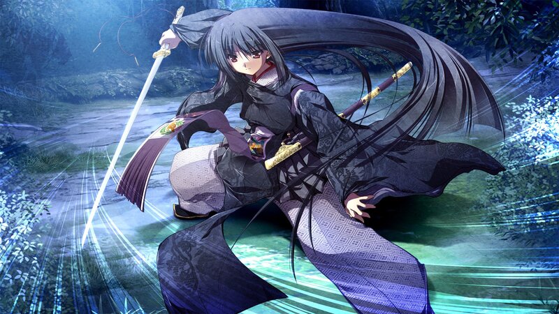 Anime Girl with Sword — Black, Dramatic, Night, Forest, Kimono
