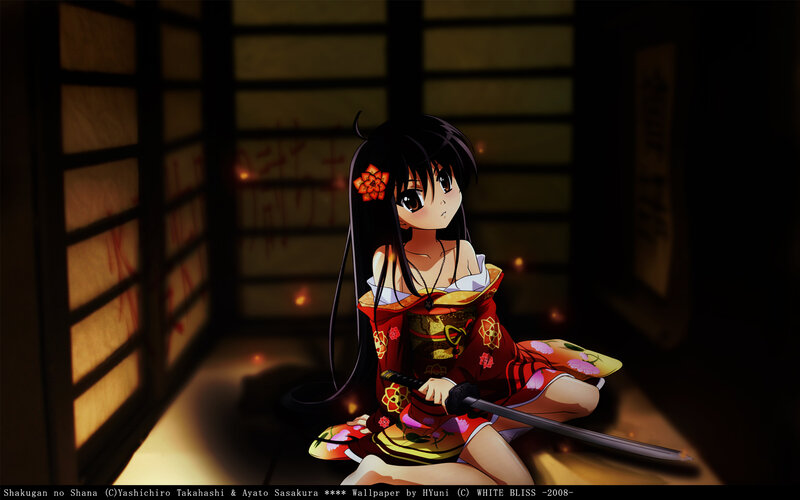 Anime Girl with Sword — Black, Dramatic, Night, Kimono