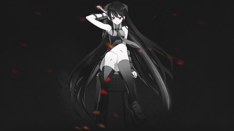 Anime Girl with Sword — Black, Dramatic, Night, Long Hair, Red Eyes