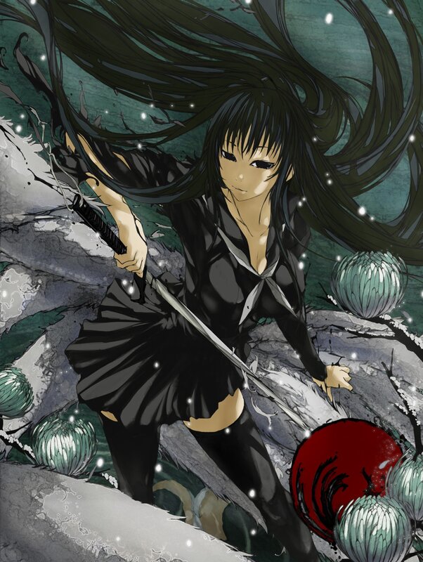 Anime Girl with Sword — Black, Dramatic, Night, Manga, Long Hair