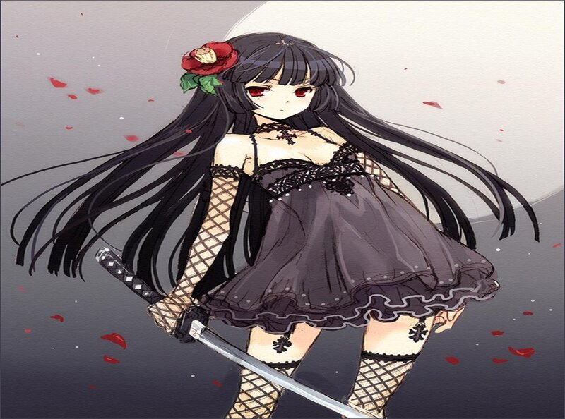Anime Girl with Sword — Black, Dramatic, Night, Manga, Rose