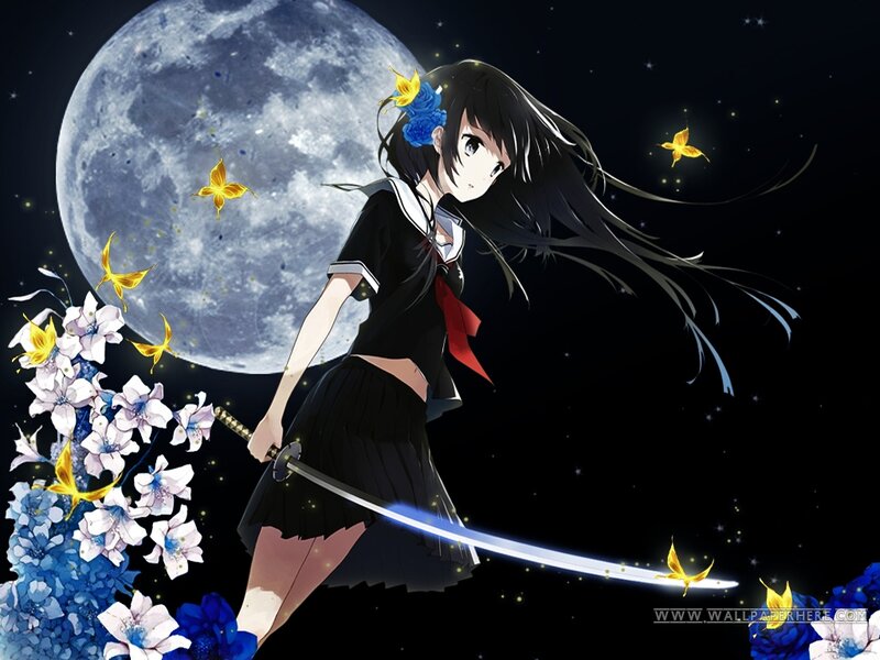 Anime Girl with Sword — Black, Dramatic, Night, Moon, Butterflies