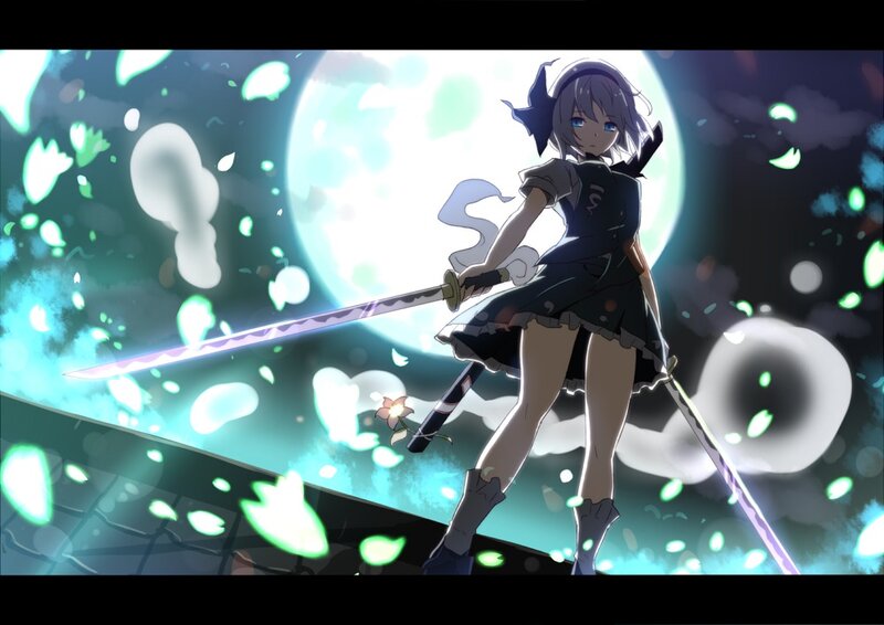 Anime Girl with Sword — Black, Dramatic, Night, Moon, Petals