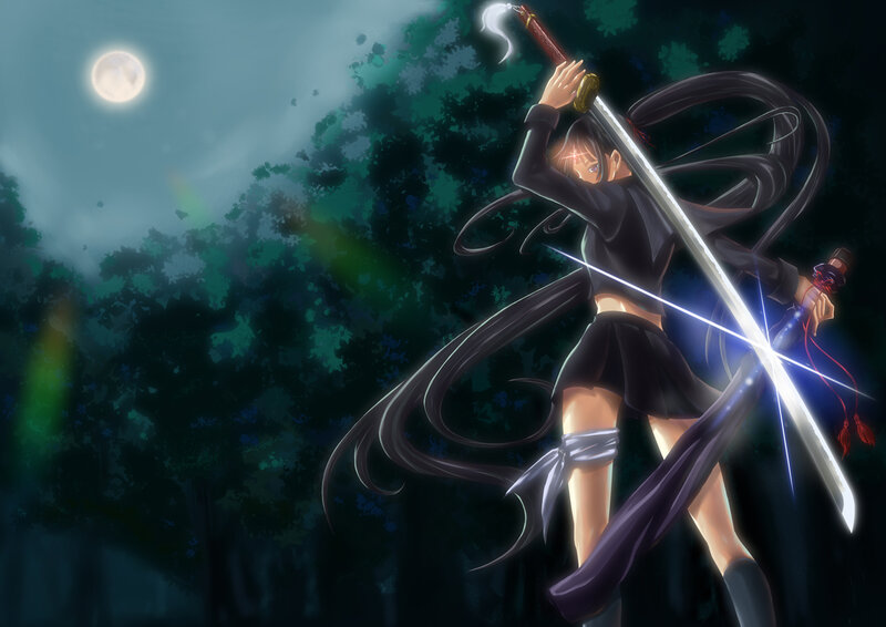 Anime Girl with Sword — Black, Dramatic, Night, Moon