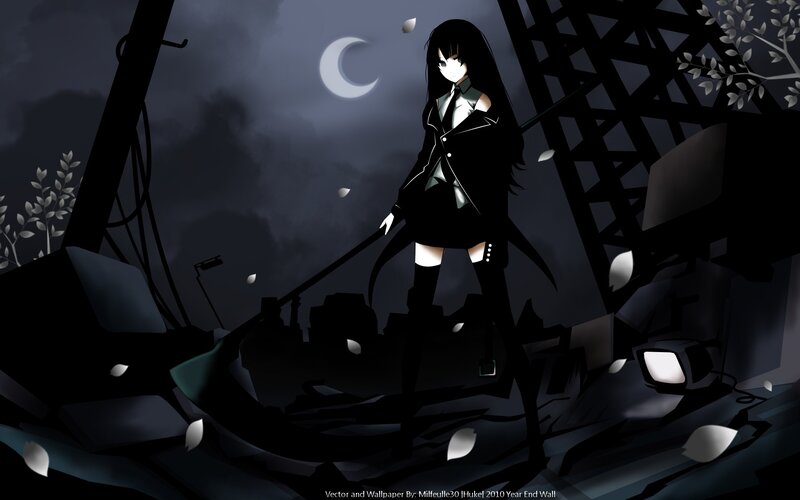 Anime Girl with Sword — Black, Dramatic, Night