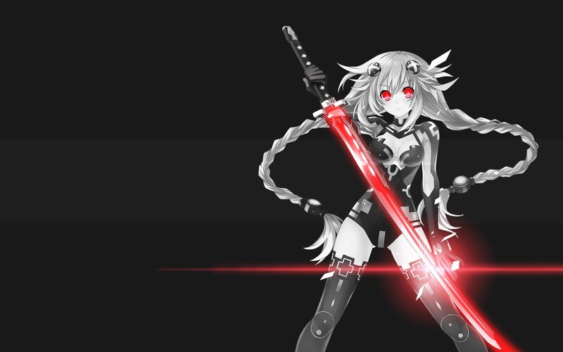 Anime Girl with Sword — Black, Dramatic, Red Eyes, Braided Hair