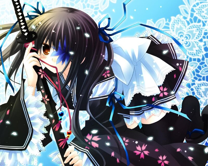 Anime Girl with Sword — Black, Dramatic, Ribbon