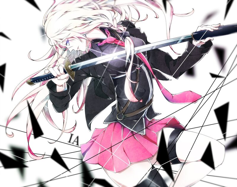 Anime Girl with Sword — Black, Dramatic, School Uniform, Long Hair, Pink