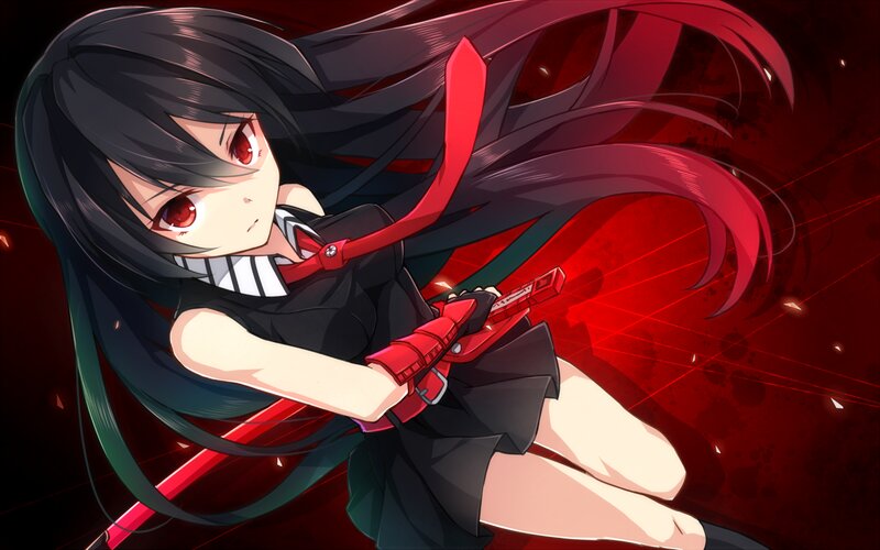 Anime Girl with Sword — Black, Dramatic, School Uniform, Red Ribbon