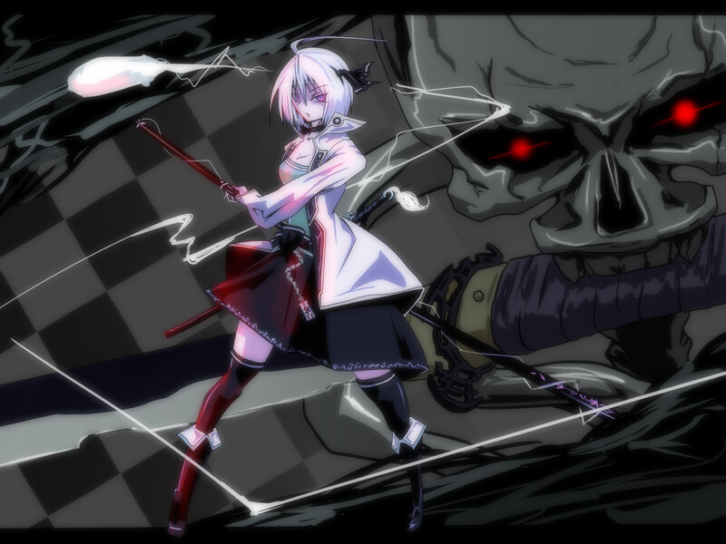 Anime Girl with Sword — Black, Dramatic, Skull, Checkered Floor