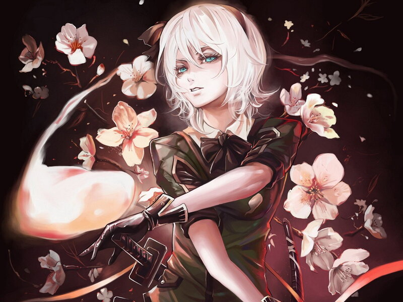 Anime Girl with Sword — Black, Dramatic, Spring, Digital Art, Cherry Blossoms