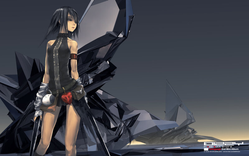 Anime Girl with Sword — Black, Dramatic, Sunset, Digital Art, Crystal Structure