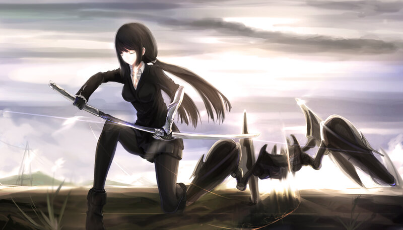 Anime Girl with Sword — Black, Dramatic, Sunset, Digital Art