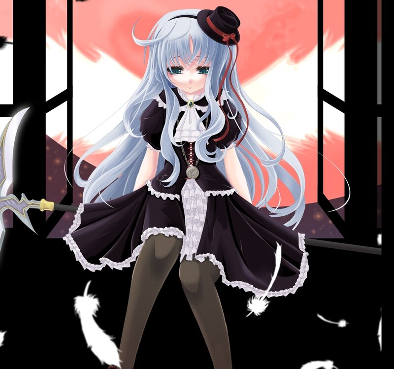 Anime Girl with Sword — Black, Dramatic, Sunset, Feathers