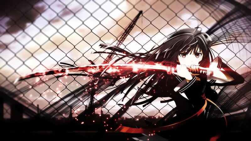 Anime Girl with Sword — Black, Dramatic, Sunset, Fence