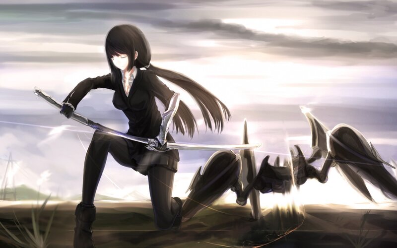 Anime Girl with Sword — Black, Dramatic, Sunset