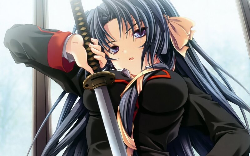 Anime Girl with Sword — Black, Dramatic, Window, School Uniform