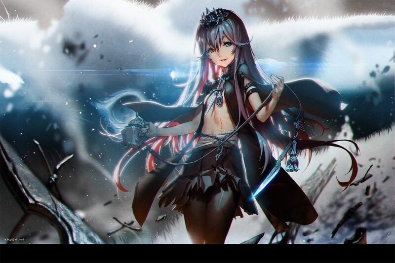 Anime Girl with Sword — Black, Dramatic, Winter, Digital Art, Cape