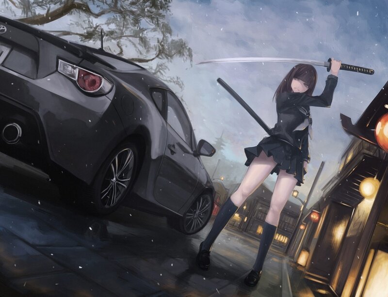 Anime Girl with Sword — Black, Dramatic, Winter, Digital Art