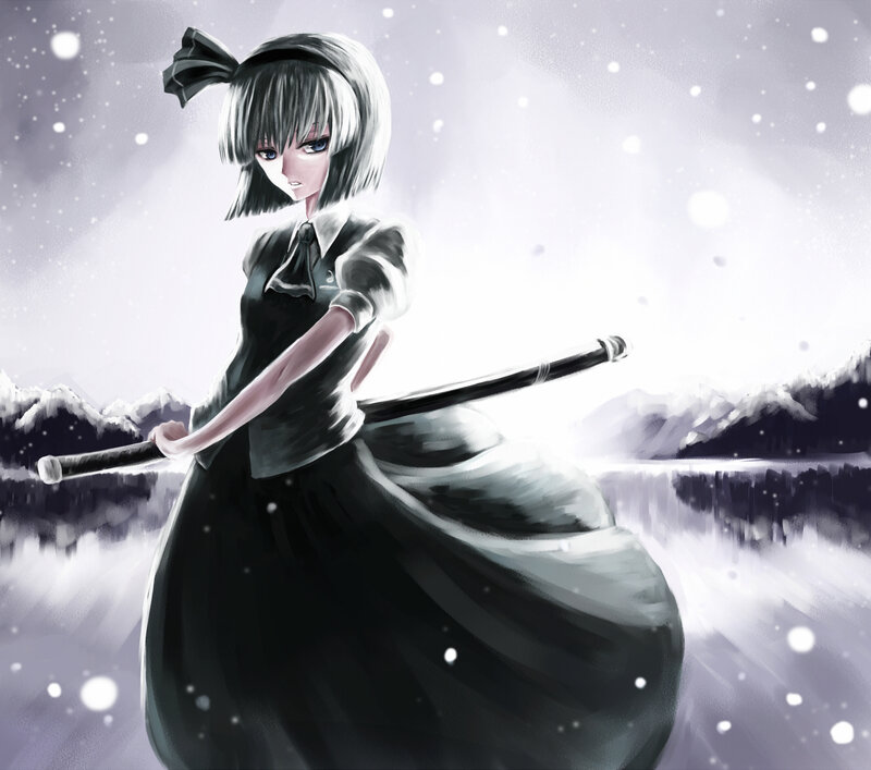 Anime Girl with Sword — Black, Dramatic, Winter