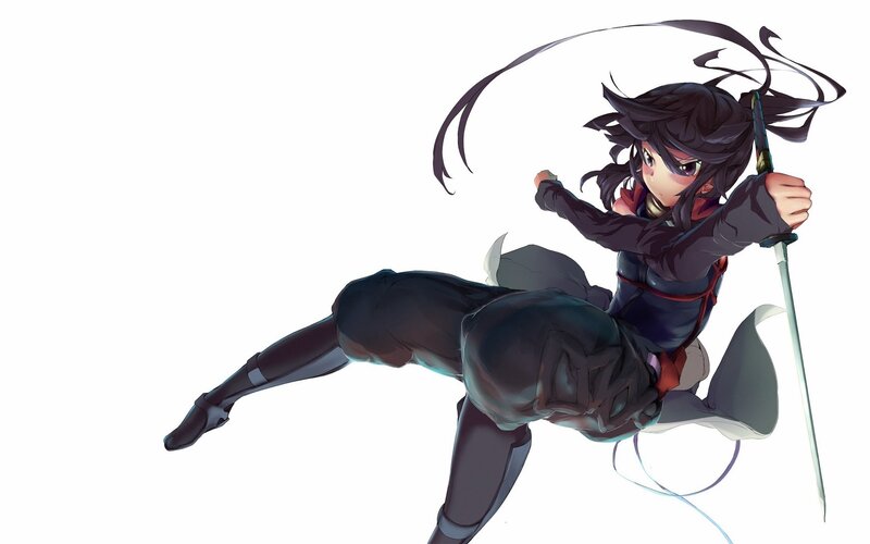 Anime Girl with Sword — Black, Dynamic, Hair Ribbon
