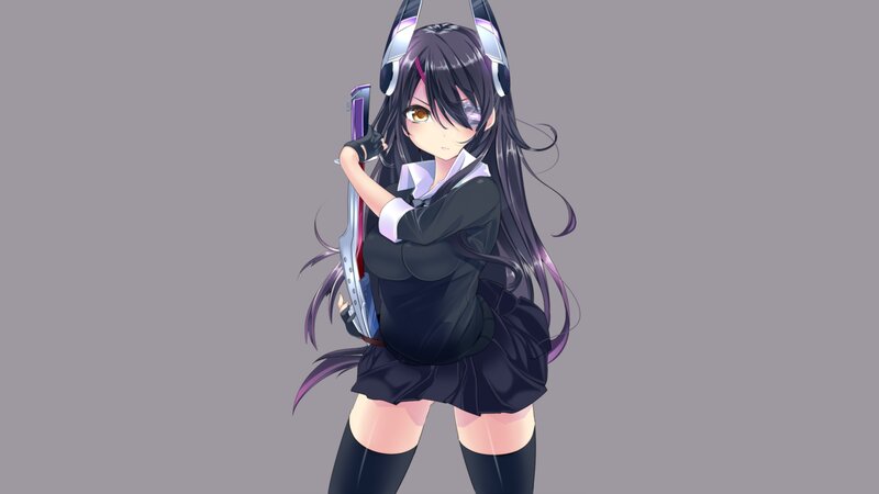 Anime Girl with Sword — Black, Neutral, Digital Art