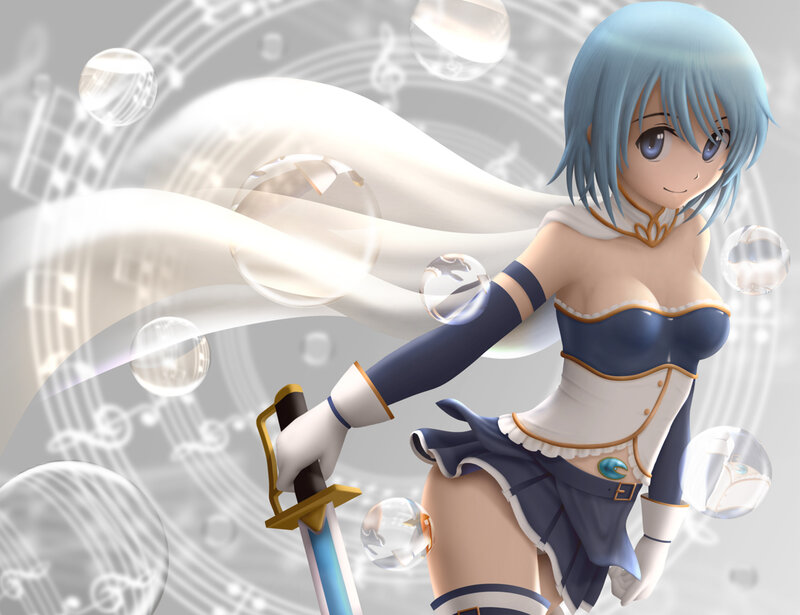 Anime Girl with Sword — Blue, Calm, Digital Art, Bubbles