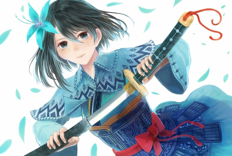 Anime Girl with Sword — Blue, Calm, Digital Art, Flower